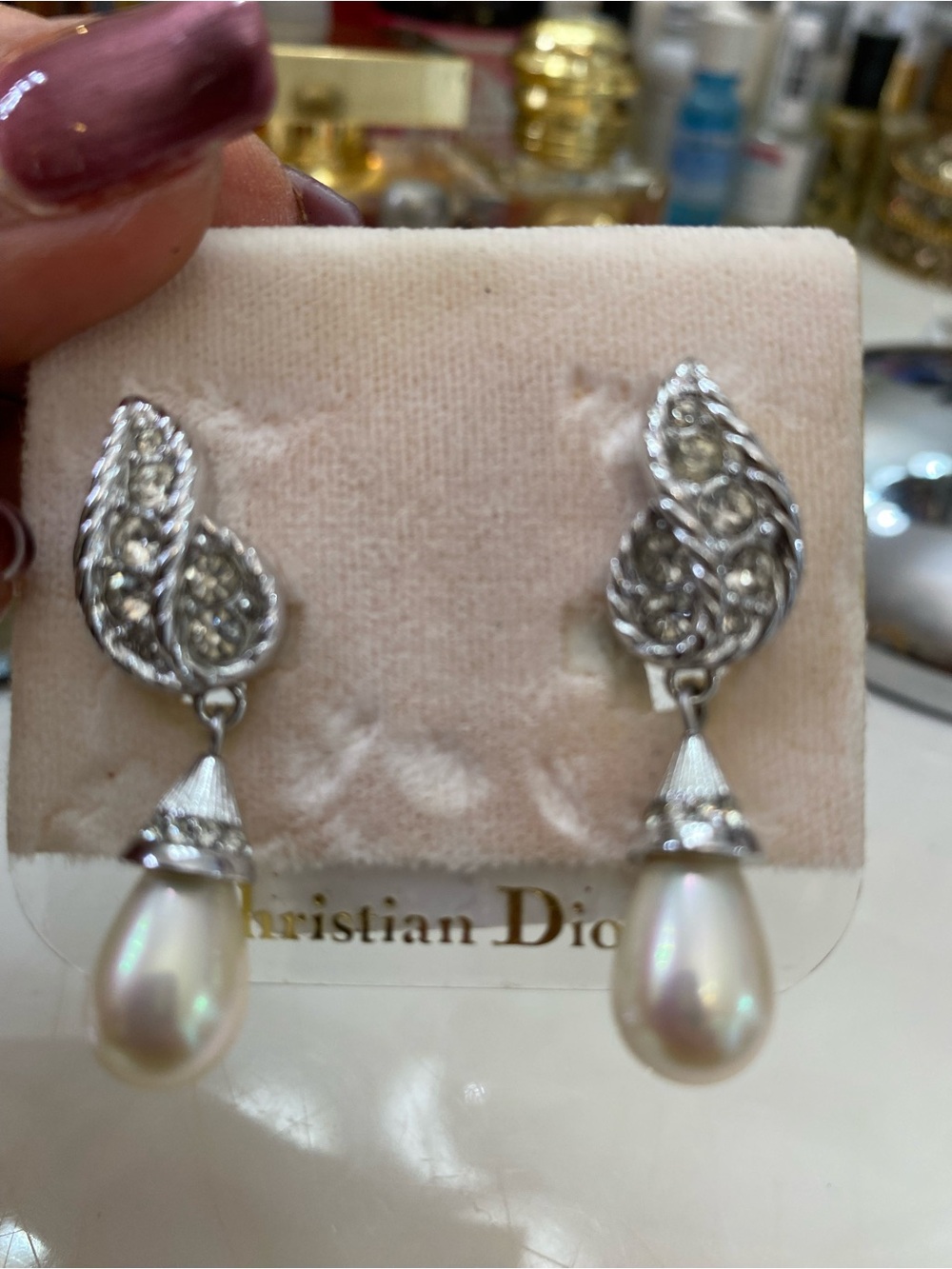 Christian Dior Vintage Silver Filigree Clip On Earrings with White Pearl Drops